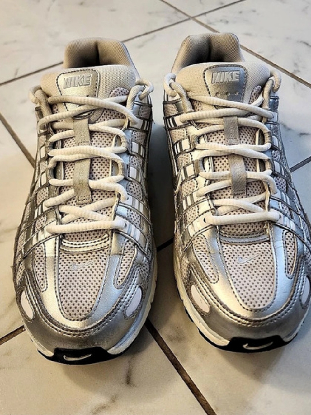 Nike P-6000 Metallic Silver & White Sneakers US 9